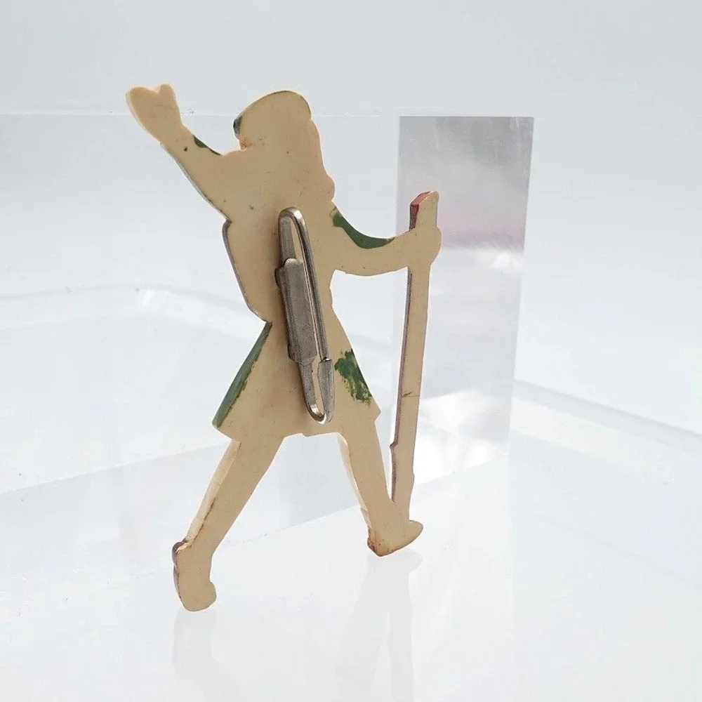 VTG 1940 Girl Scout Hiking Pin Clip Brooch Hand Painted Figural Plastic Novelty